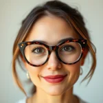 Woman wearing oversized tortoiseshell cat-eye glasses, natural lighting, confident expression, neutral background, close-up portrait shot