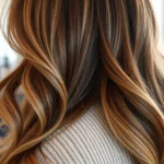 Close-up of a woman with long, flowing caramel-highlighted waves cascading down her back, soft natural lighting, professional salon setting, hair catching light beautifully, wearing a neutral-toned sweater