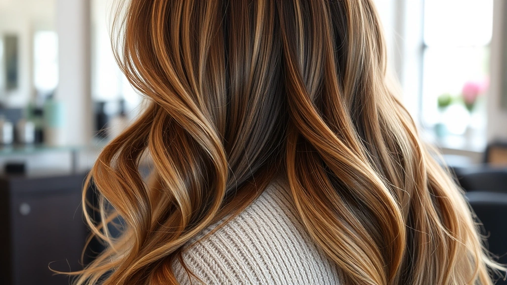 Close-up of a woman with long, flowing caramel-highlighted waves cascading down her back, soft natural lighting, professional salon setting, hair catching light beautifully, wearing a neutral-toned sweater