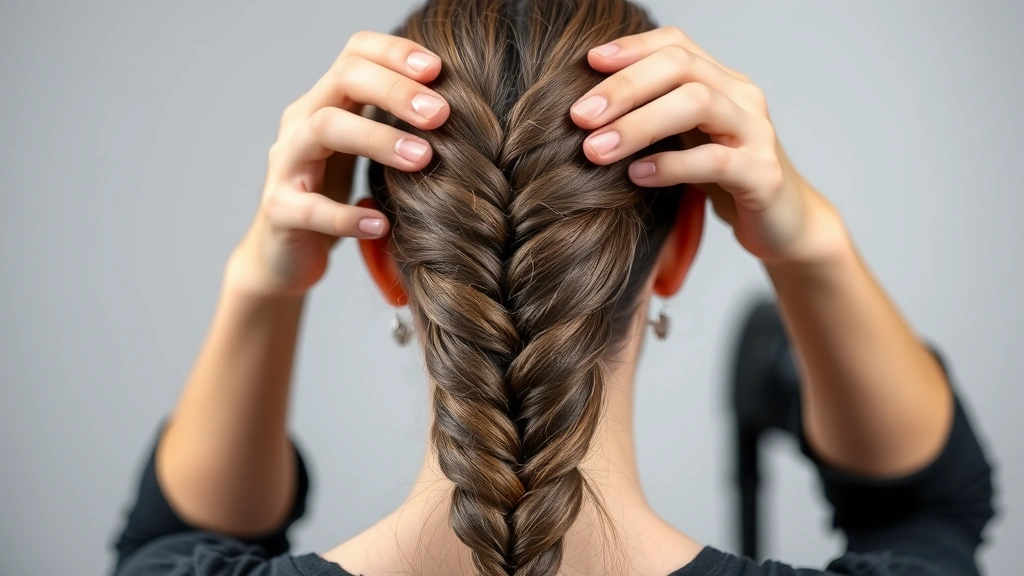Professional hairstylist demonstrating a Dutch braid technique on long brunette hair, hands visible showing proper sectioning method, bright studio lighting, focused on braid detail and texture
