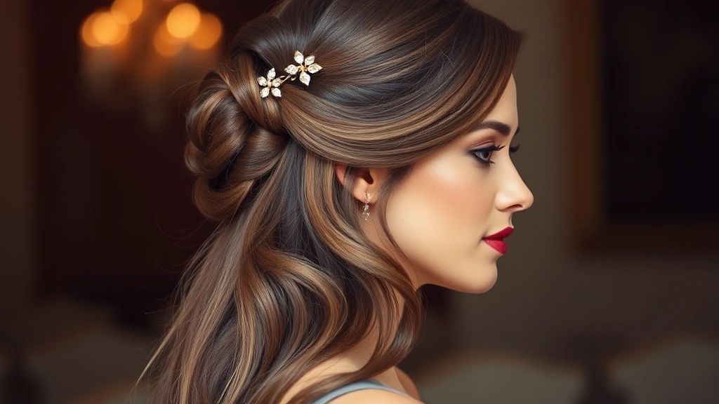 Woman with long glossy hair styled in an elegant half-up, half-down updo with delicate hair accessories, side profile showing volume and dimension, wearing formal attire, soft romantic lighting