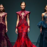 Luxurious maximalist fashion collection featuring bold jewel tones, intricate embroidery, layered textures, and dramatic silhouettes on elegant model