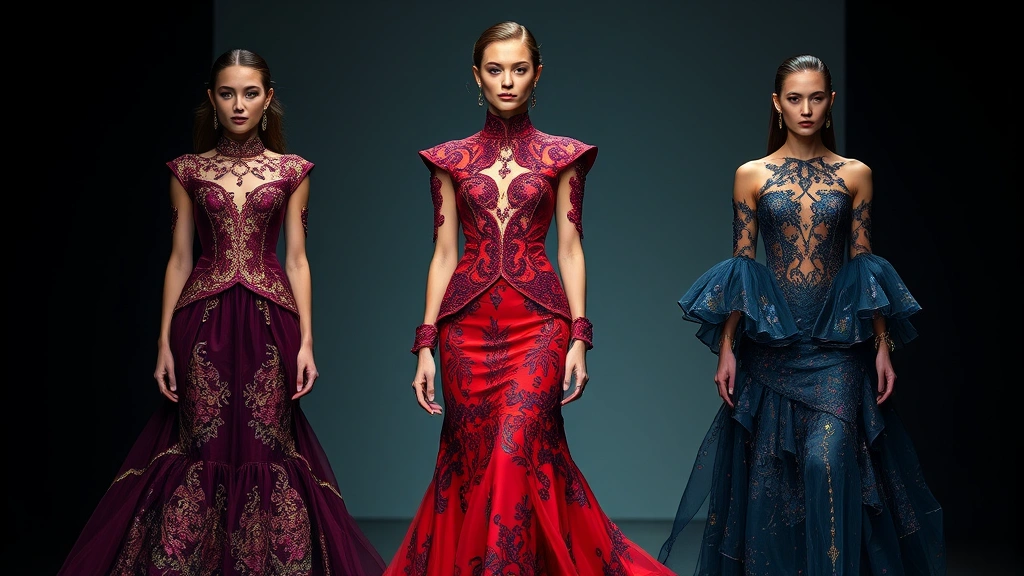 Luxurious maximalist fashion collection featuring bold jewel tones, intricate embroidery, layered textures, and dramatic silhouettes on elegant model