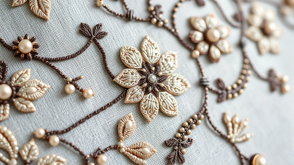 Close-up detail of haute couture hand-embroidery with beading, showing artisanal craftsmanship and intricate textile work on luxury fabric