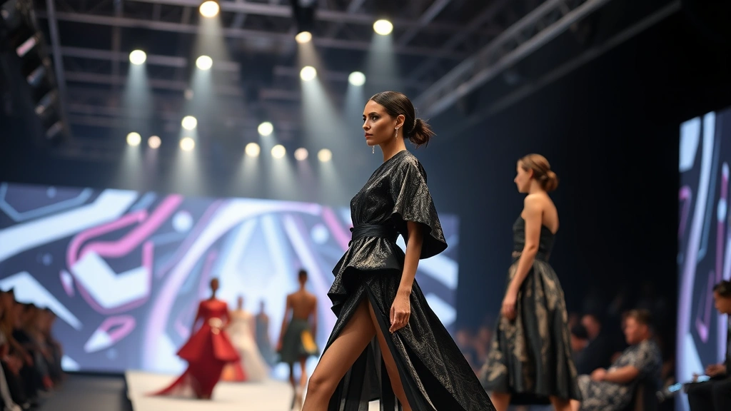 Contemporary fashion designer presenting avant-garde collection with dramatic runway lighting, sophisticated styling, and innovative material combinations