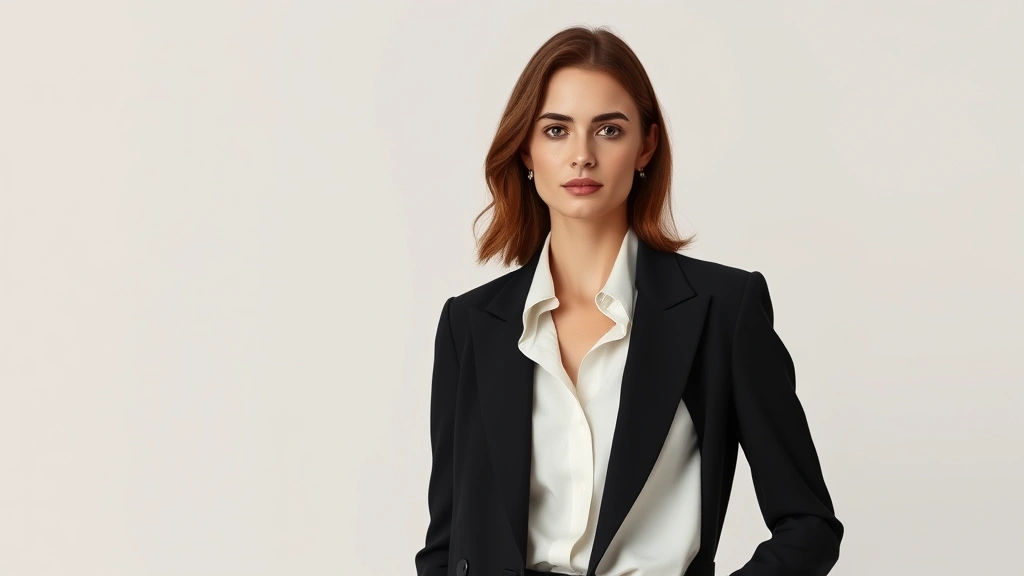 Elegant woman in tailored black blazer and white silk blouse, standing confidently against neutral backdrop, professional minimalist fashion editorial style, perfect posture and composed expression