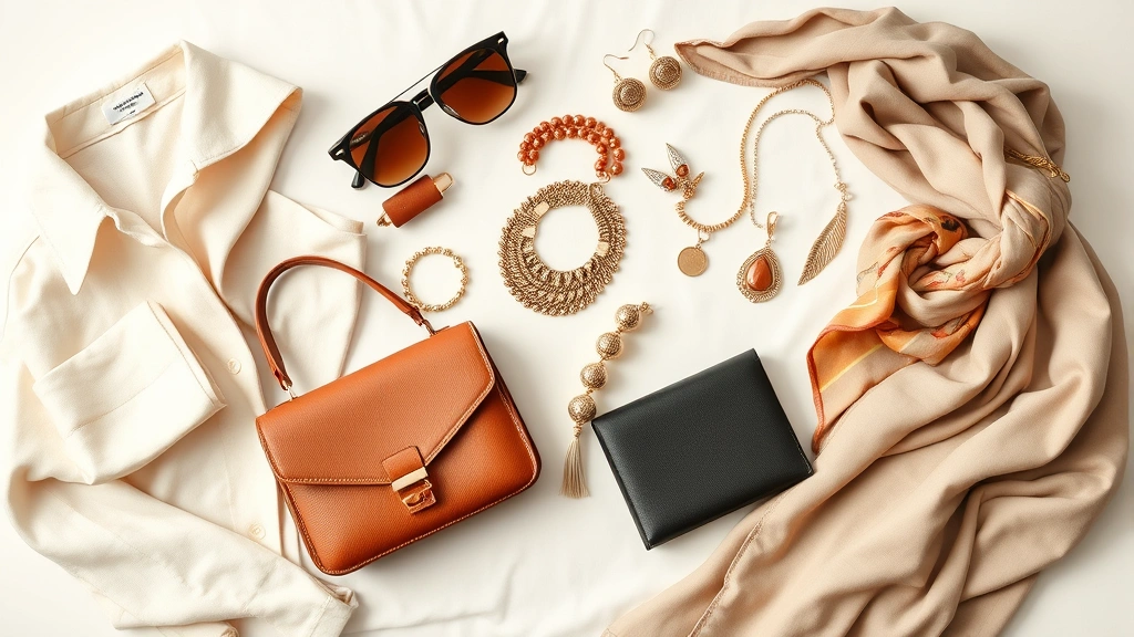Curated luxury wardrobe flat lay featuring neutral basics, designer accessories, quality leather handbag, classic jewelry pieces, and silk scarves arranged artfully on light background