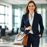 Professional woman wearing tailored navy blazer, white silk blouse, and structured leather handbag, standing confidently in modern office setting, natural lighting, polished appearance, sophisticated accessories
