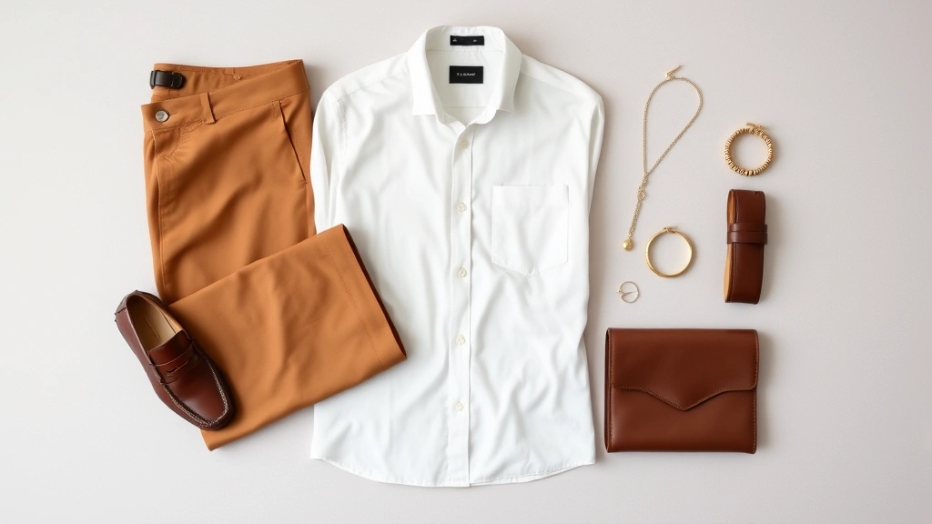 Elegant flat lay of coordinated fashion essentials: classic white button-up, perfectly fitted camel trousers, leather loafers, delicate gold jewelry, leather watch, organized minimalist style arrangement