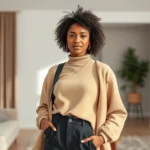 Young diverse woman in minimalist capsule wardrobe outfit, neutral tones, natural lighting, confident pose, modern apartment setting, photorealistic, no text or logos