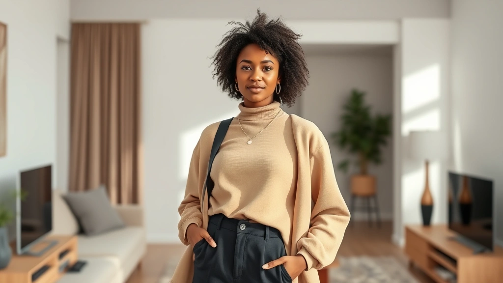 Young diverse woman in minimalist capsule wardrobe outfit, neutral tones, natural lighting, confident pose, modern apartment setting, photorealistic, no text or logos
