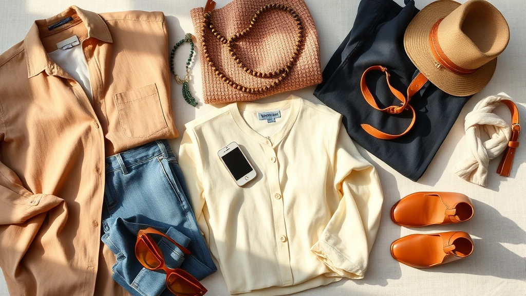 Flat lay of carefully curated clothing pieces and accessories arranged artfully, quality fabrics visible, natural morning light, neutral background, photorealistic fashion styling