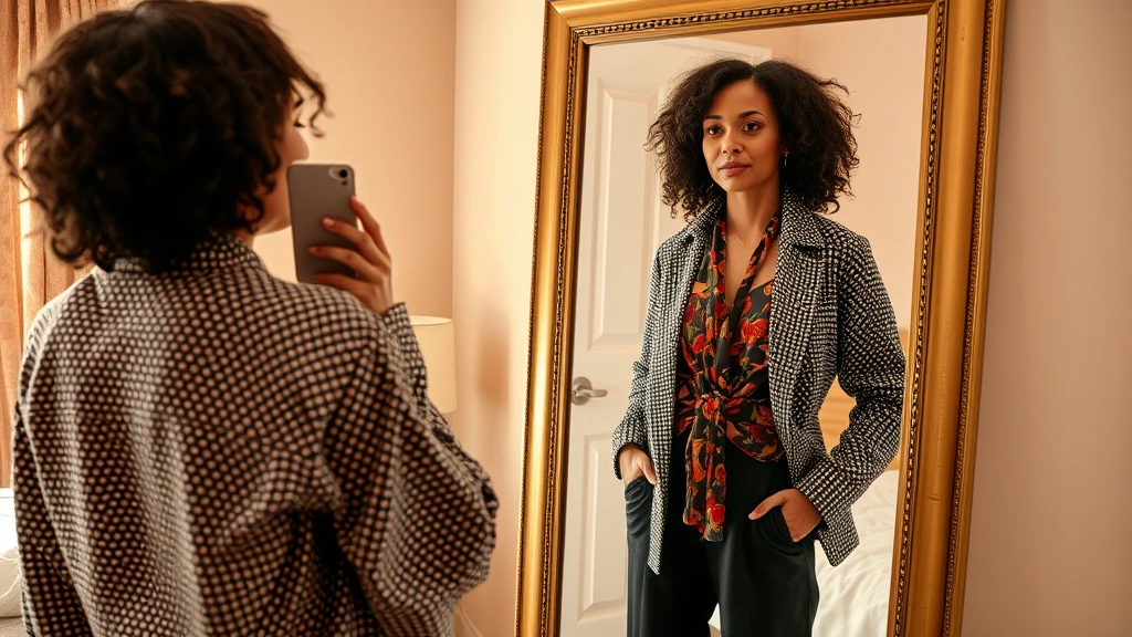 Person of color styling a complete outfit in front of mirror, mixing textures and patterns confidently, warm natural lighting, bedroom setting, authentic moment, photorealistic, no visible text