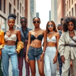 Diverse group of modern fashion icons wearing bold, contemporary outfits in an urban setting, featuring various body types, skin tones, and gender expressions, shot in bright natural lighting with fashionable streetwear and designer pieces