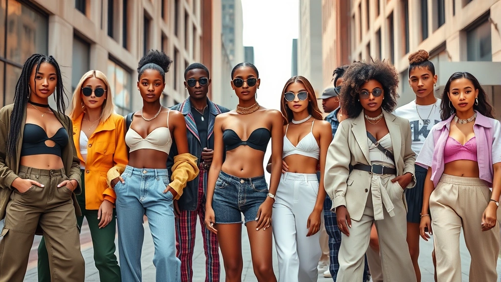 Diverse group of modern fashion icons wearing bold, contemporary outfits in an urban setting, featuring various body types, skin tones, and gender expressions, shot in bright natural lighting with fashionable streetwear and designer pieces