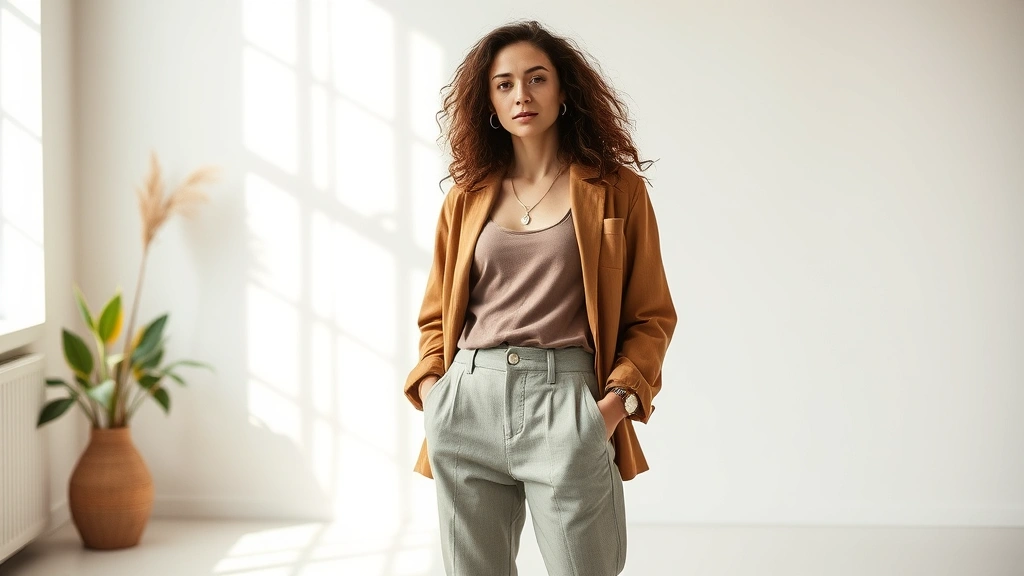 Fashion influencer in a sustainable designer outfit, combining vintage and contemporary pieces, posed in a minimalist studio with soft natural light, showcasing thoughtful style choices and authentic confidence