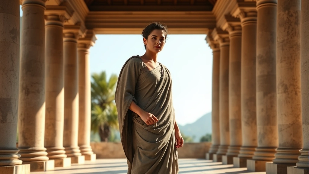 Model wearing authentic recreation of Greek peplos with distinctive overfold, standing in classical Greek portico with columns, demonstrating proper draping technique and silhouette, warm Mediterranean sunlight casting shadows