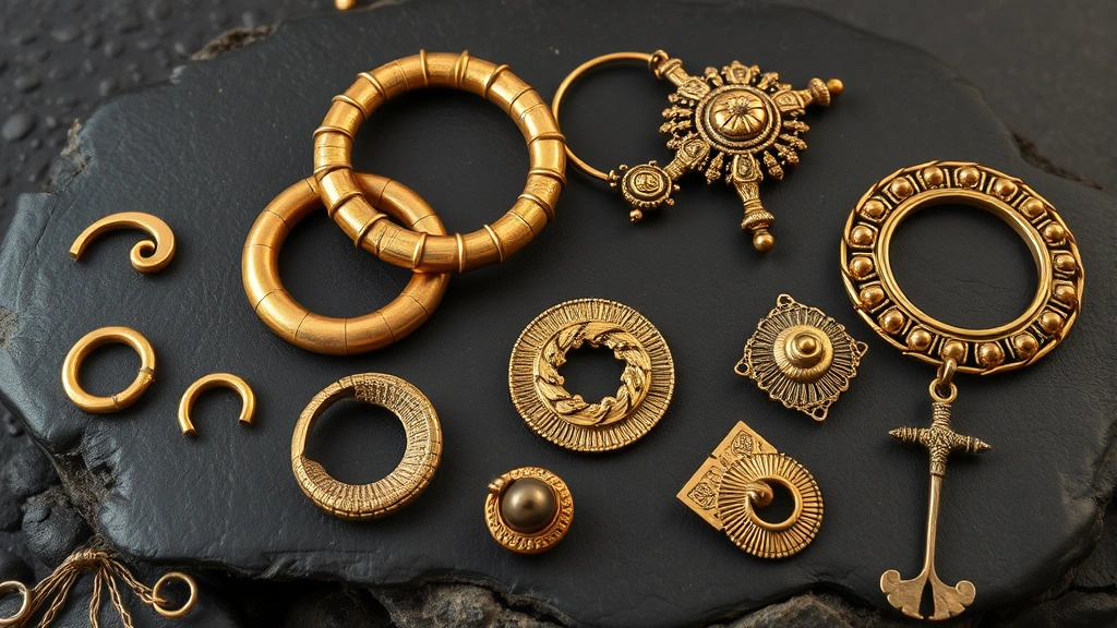 Collection of ancient Greek jewelry pieces including gold fibulae, bronze bracelets, and decorative pins arranged on dark stone surface, showcasing craftsmanship and intricate metalwork details of Greek accessories