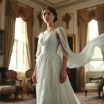 Regency era woman wearing high-waisted muslin gown with empire waistline, delicate white embroidery, standing in elegant drawing room with period furnishings, soft natural lighting through tall windows, showing graceful posture and flowing fabric movement