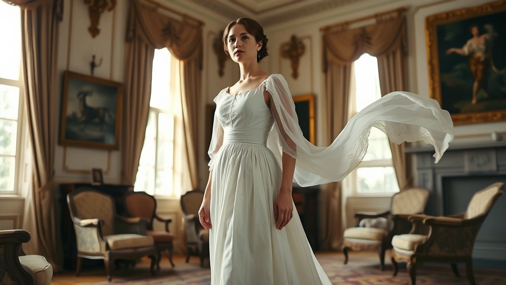Regency era woman wearing high-waisted muslin gown with empire waistline, delicate white embroidery, standing in elegant drawing room with period furnishings, soft natural lighting through tall windows, showing graceful posture and flowing fabric movement
