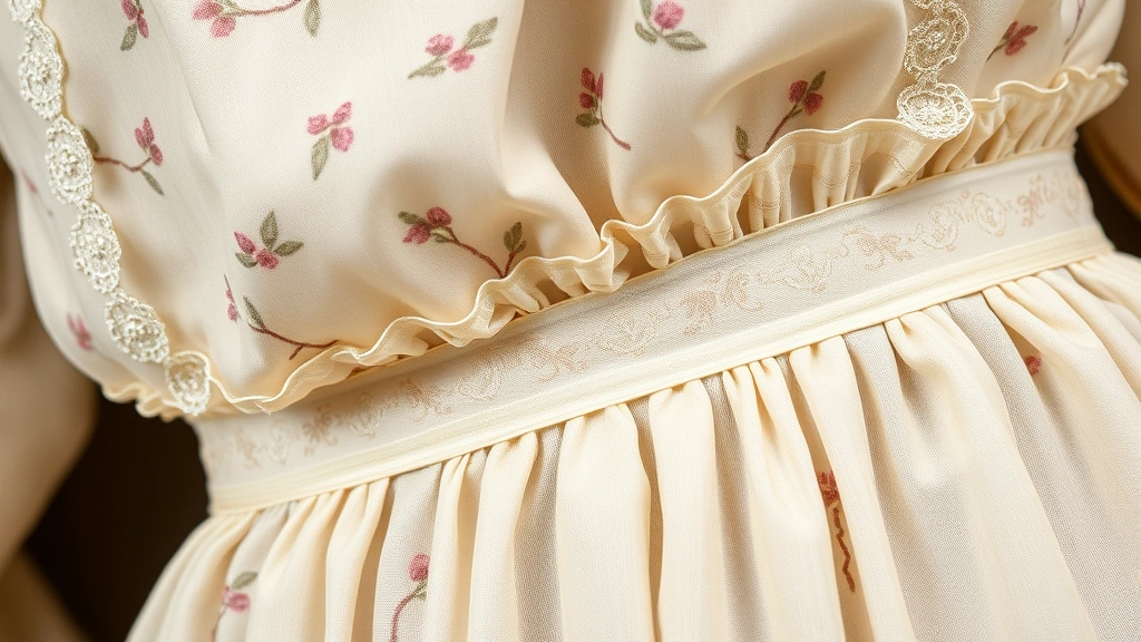 Close-up detail of Regency fashion showing fine muslin fabric with sprigged floral pattern, delicate embroidered trim, empire waistline seam with bias binding, demonstrating authentic construction techniques and fabric quality of the period