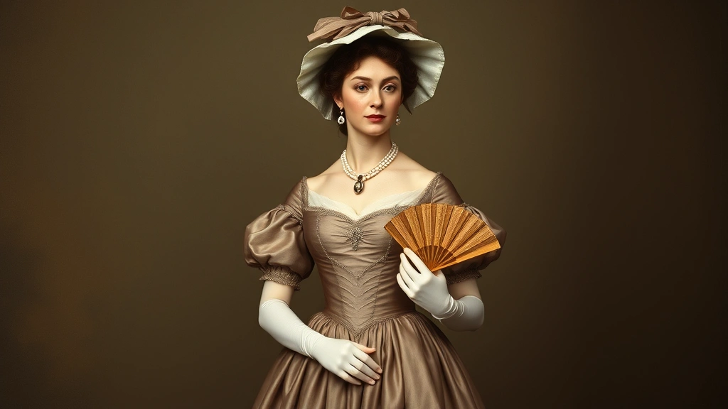 Full-length portrait of Regency lady in evening gown with silk crepe, empire waist, short puffed sleeves, long gloves, bonnet with ribbons, holding decorative fan, wearing cameo necklace and pearl earrings, complete ensemble showing all authentic accessories and finishing touches
