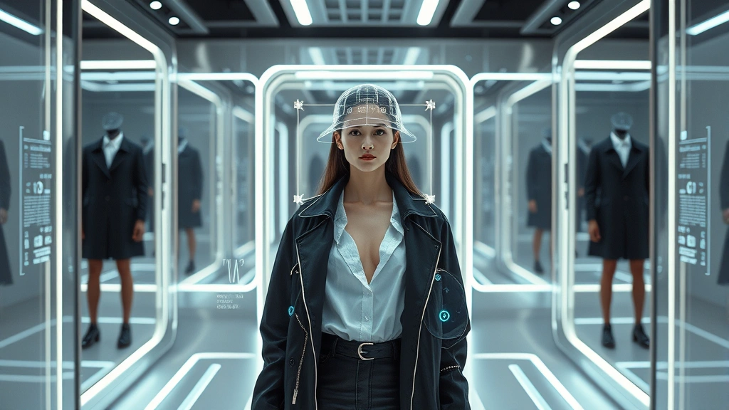 Digital fashion technology showcase: model wearing augmented reality clothing visualization overlay, futuristic fitting room environment with interactive mirrors, glowing digital interface elements, modern minimalist aesthetic