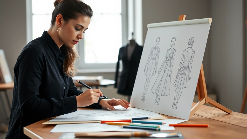 Professional fashion design student wearing black creating detailed garment sketches with colored pencils and rulers at wooden drafting table, natural studio lighting, focused expression