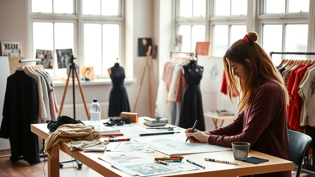 Fashion design student sketching collection concepts at drafting table with fabric swatches, mood boards, and design references scattered around, bright natural light from windows