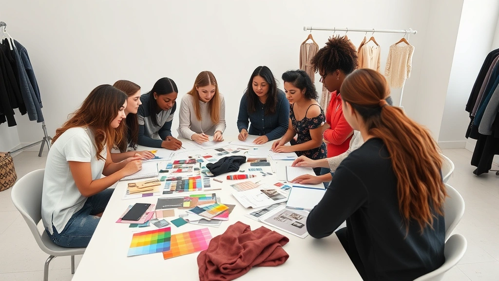 Diverse group of fashion students collaborating on design project with color swatches, fabric samples, and sketchbooks spread across white studio table, engaged in discussion