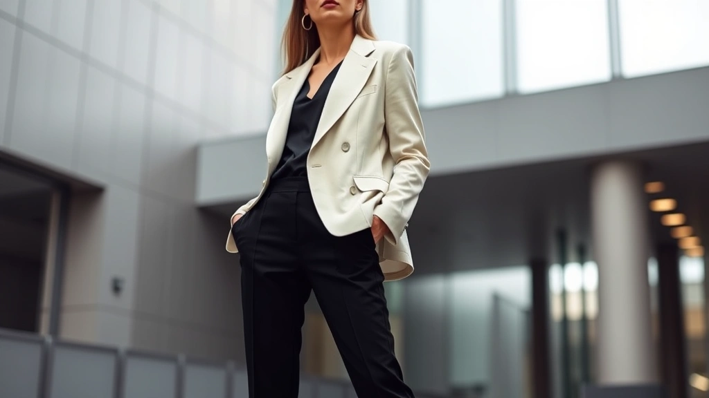 Professional woman wearing tailored oversized blazer in cream with fitted black trousers, standing in modern architectural setting, sophisticated neutral tones, editorial fashion photography style