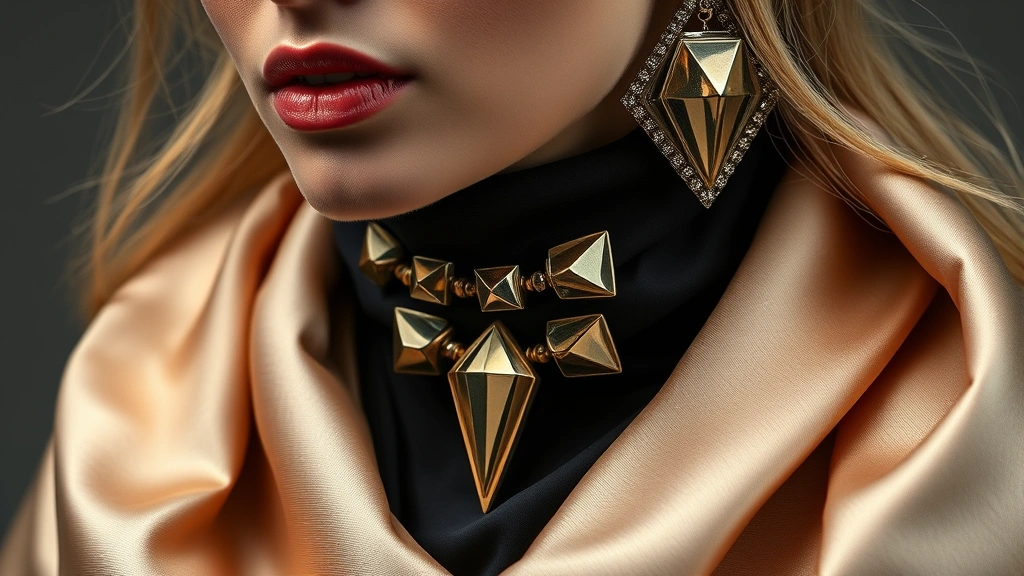 Close-up of fashion-forward styling featuring statement geometric jewelry, quality silk fabric textures, layered accessories with metallic accents, professional studio lighting highlighting details