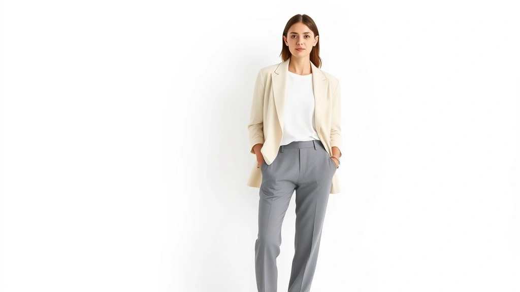 A minimalist woman wearing a perfectly coordinated neutral outfit consisting of cream linen blazer, white t-shirt, and tailored gray trousers, standing against a clean white backdrop, embodying capsule wardrobe elegance and intentional style