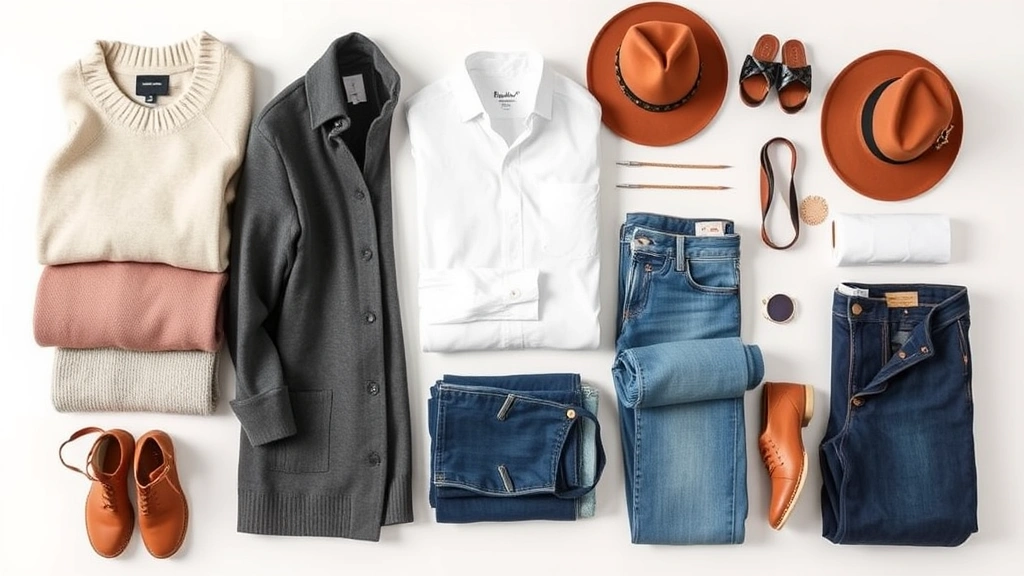 Flat lay of carefully organized capsule wardrobe essentials including folded neutral sweaters, stacked white shirts, rolled jeans, and coordinating accessories arranged by color palette on light background