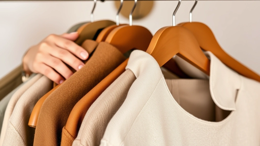 Close-up detail shot of a woman's hands arranging designer hangers with coordinated clothing pieces in earth tones and neutrals, demonstrating wardrobe organization and quality fabric textures like wool and linen