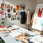 Professional fashion career workspace with mood boards, fabric swatches, and design sketches spread across desk, natural lighting, creative studio environment, designer working with textile samples
