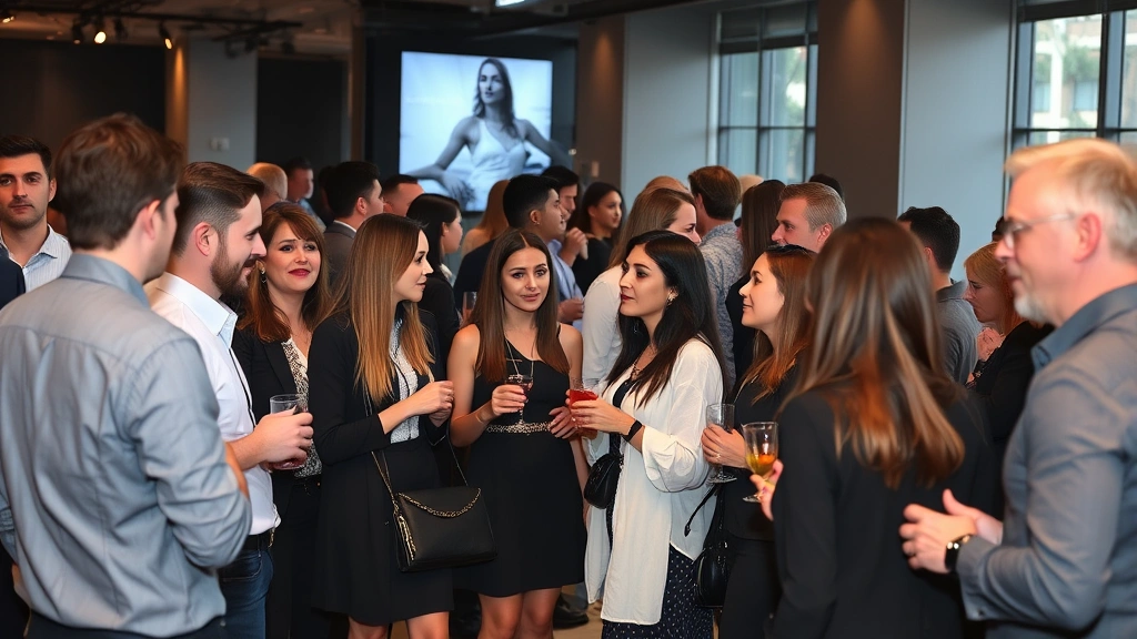 Diverse group of fashion professionals networking at upscale industry event, cocktail mixers, people discussing over refreshments, modern venue, stylish casual business attire, genuine conversation moments
