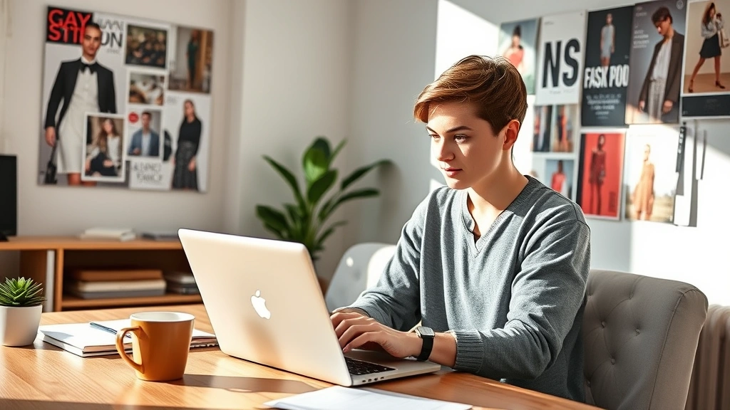Young professional at laptop reviewing fashion portfolio and job listings, modern home office, inspiration board with fashion magazine clippings, coffee cup, natural sunlight, focused professional environment