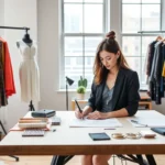 Professional fashion designer working at sketch table in modern NYC studio, surrounded by fabric swatches and design samples, wearing stylish contemporary clothing, bright natural light from large windows, inspirational workspace