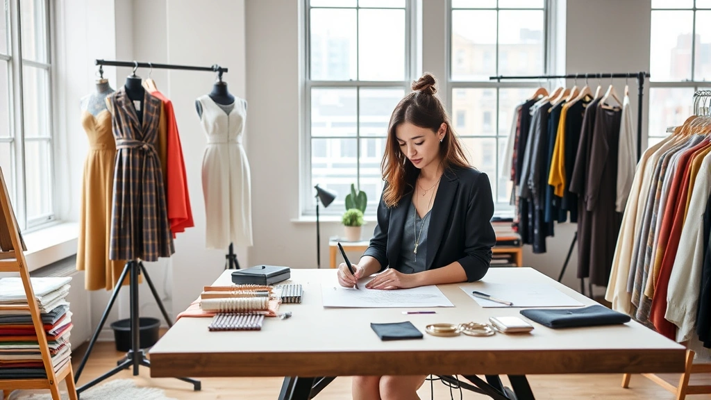 Professional fashion designer working at sketch table in modern NYC studio, surrounded by fabric swatches and design samples, wearing stylish contemporary clothing, bright natural light from large windows, inspirational workspace
