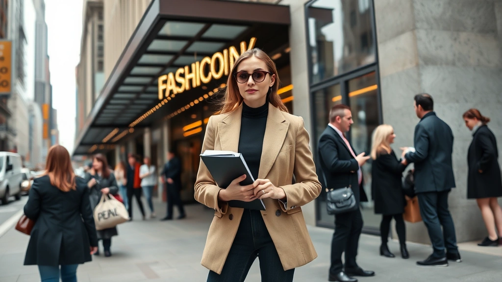 Fashion Week attendee in sophisticated outfit standing outside iconic NYC venue, holding portfolio and notes, networking with industry professionals, polished personal style, urban fashion capital backdrop