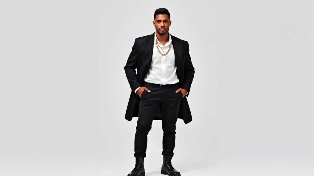 Confident person wearing oversized black blazer with white crisp shirt, tailored black trousers, polished black leather boots, chunky gold chain necklace, standing against minimal background with powerful posture