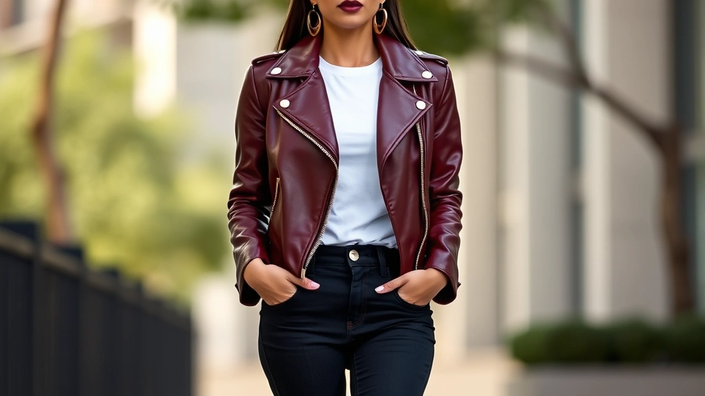 Luxury streetwear ensemble featuring structured leather jacket in deep burgundy, fitted white tee, high-waisted black jeans, bold gold statement earrings, designer sneakers, natural lighting