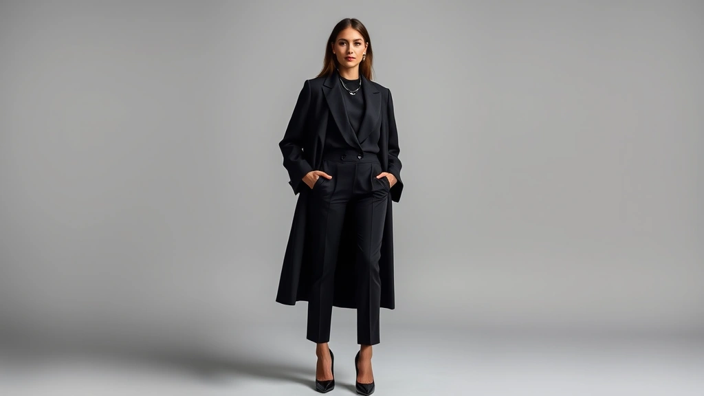 Fashion-forward outfit with tailored monochromatic black ensemble, textured fabrics, oversized blazer, pointed-toe heels, minimal jewelry, confident stance, professional studio setting with soft lighting