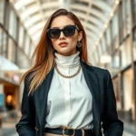 Elegant woman wearing luxury designer clothing and accessories inside modern upscale shopping mall with natural lighting and contemporary architecture, professional styling and confident posture