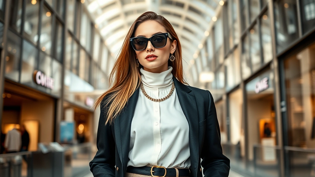 Elegant woman wearing luxury designer clothing and accessories inside modern upscale shopping mall with natural lighting and contemporary architecture, professional styling and confident posture