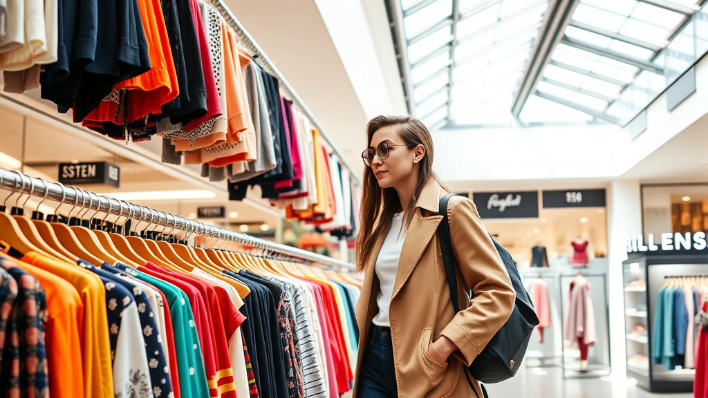 Fashion-forward individual browsing colorful clothing racks in bright retail environment, natural light streaming through skylights, diverse fashion brands displayed on modern shelving, sophisticated mall interior design