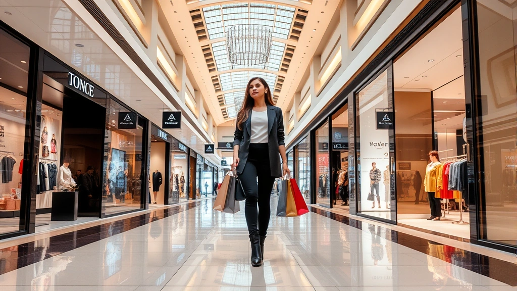 Stylish shopper holding shopping bags while walking through contemporary mall corridor lined with designer storefronts, polished floors, elegant architectural details, inspiring retail environment with diverse fashion retailers