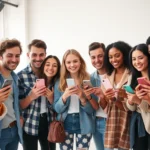 Diverse group of stylish young people creating content together in modern studio, holding smartphones and fashion items, natural lighting, candid authentic moment