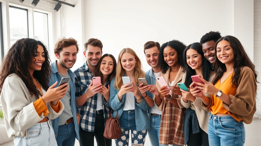 Diverse group of stylish young people creating content together in modern studio, holding smartphones and fashion items, natural lighting, candid authentic moment